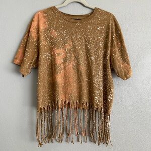 Womens Shirt Size Small Custom Fringe Splatter Bleach Tan Unique One of a Kind